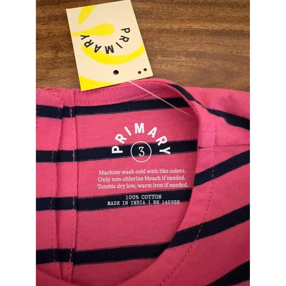NWT Primary Long Sleeve Perfect Pocket Dress, Gumball with Navy Stripes, Size 3T